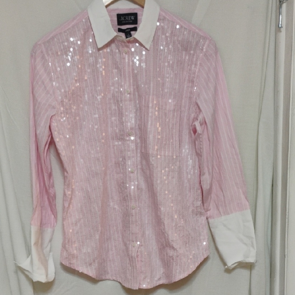 NWT J.Crew Pink & White Sequin Blouse Size 2